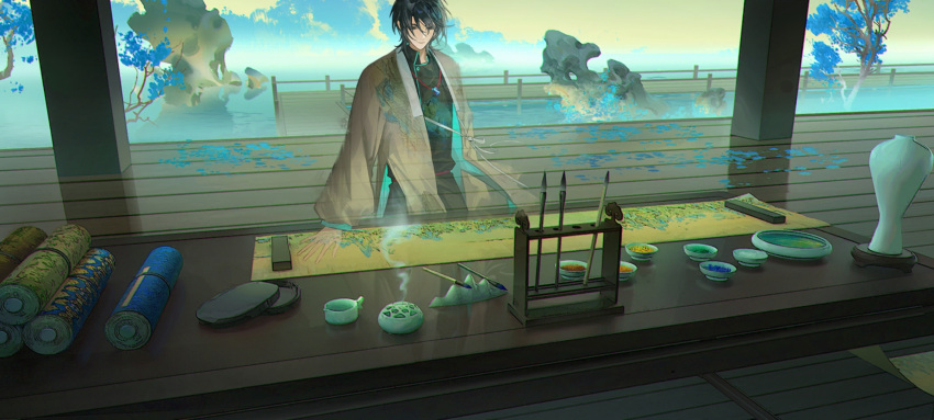 1boy, architecture, black_hair, calligraphy_brush, chinese_clothes, closed_eyes, duijin_ruqun, east_asian_architecture, hanfu, highres, incense_burner, indoors, long_sleeves, male_focus, mingya(kanzhiding), paintbrush, qianli_jiangshantu_(wuhua_minzin), rockery, scroll, short_hair, sitting, solo, table, tree, vase, wooden_floor, wuhua_mixin
