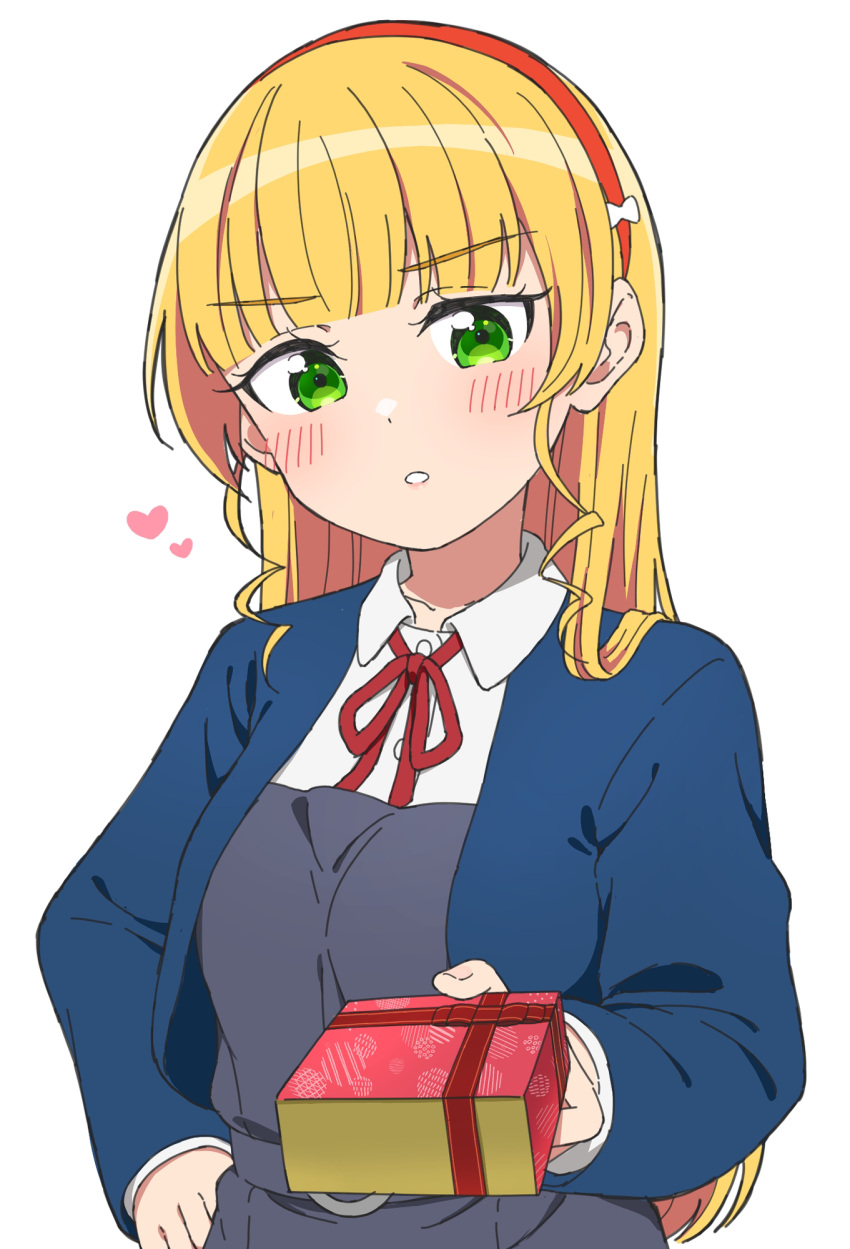1girl, blonde_hair, blue_jacket, blunt_bangs, blush, box, collared_shirt, commentary_request