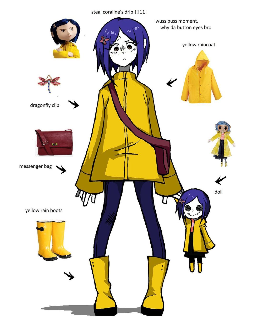1girl, arms_at_sides, arrow_(symbol), bag, blue_pants, boots, character_doll, closed_mouth
