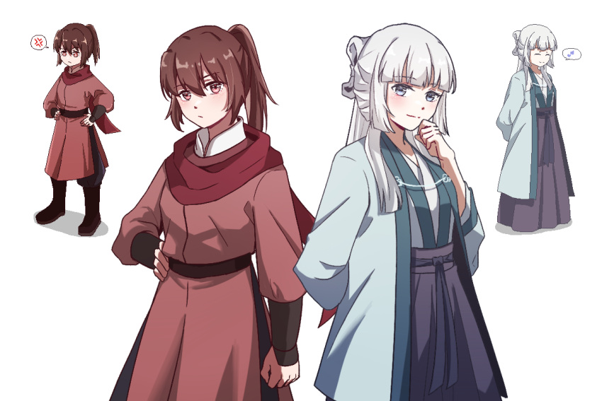 2girls, bai_yuxiu, blush, brown_eyes, brown_hair, chinese_clothes, duijin_ruqun, feng_ling'er