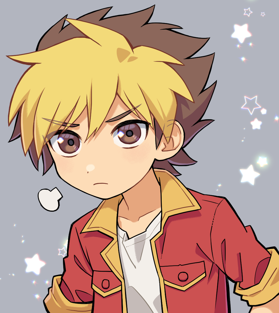 1boy, blonde_hair, brown_eyes, brown_hair, closed_mouth, collarbone, dot_nose, grey_background, jacket, jinzou_konchuu_kabutoborg_vxv, looking_at_viewer, male_focus, multicolored_hair, numae_kaeru, red_jacket, ryuusei_amanogawa, shirt, short_hair, solo, star_(symbol), two-tone_hair, upper_body, white_shirt