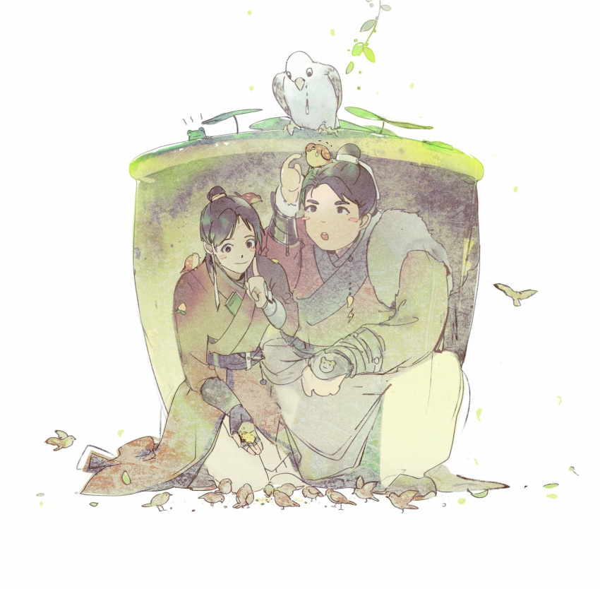 2boys, bird, bird_feeding, blush_stickers, book, bracer, brown_eyes, brown_hair