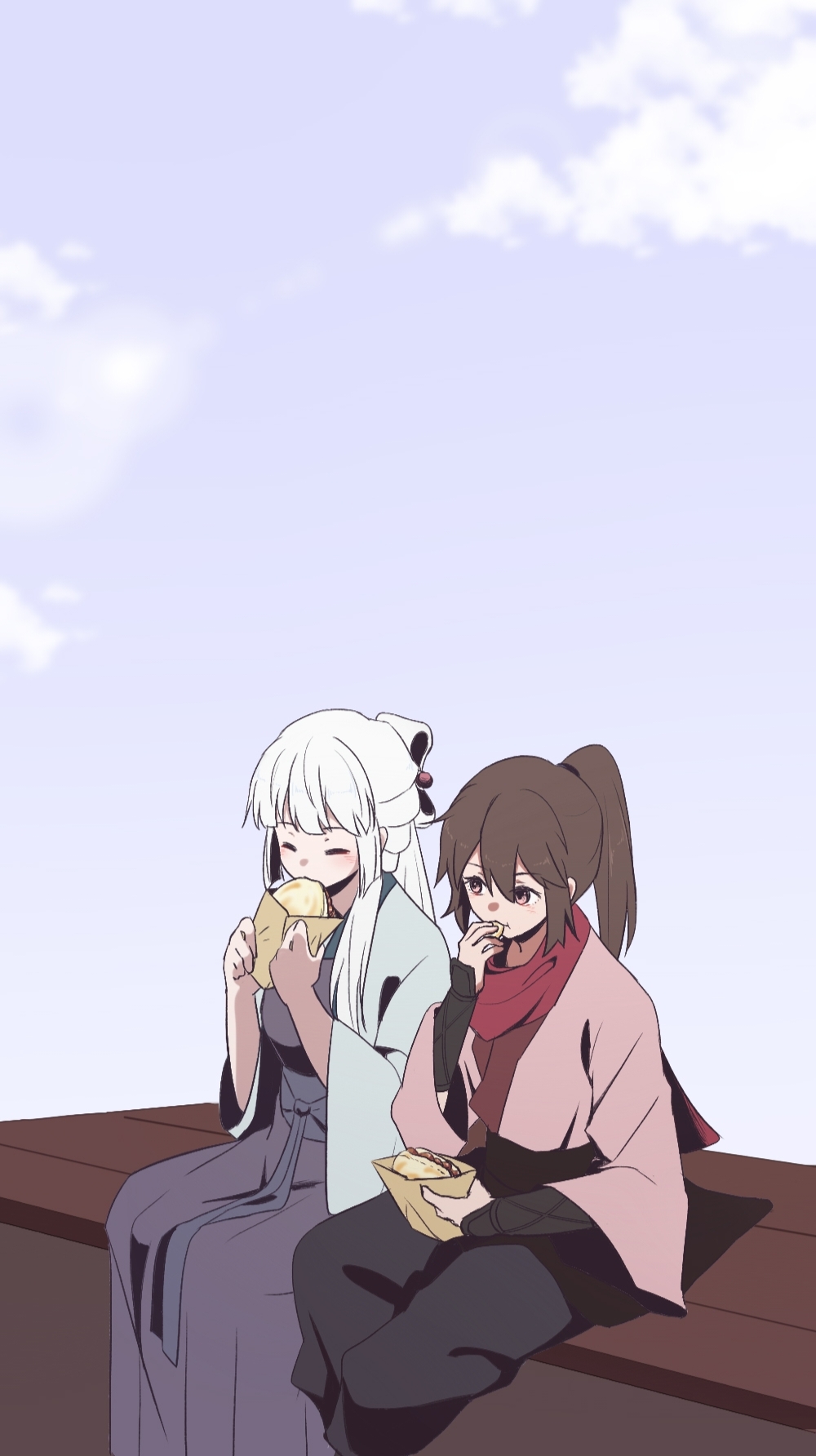 2girls, bai_yuxiu, blush, brown_eyes, brown_hair, chinese_clothes, closed_eyes, clouds