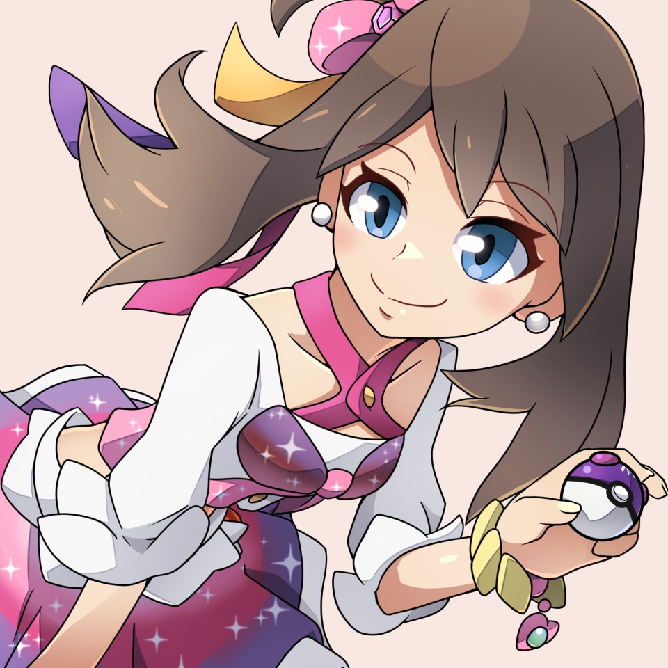 1girl, blue_eyes, bow, brown_hair, closed_mouth, cropped_shirt, earrings, hair_bow, hair_ribbon, holding, holding_poke_ball, idol, jewelry, looking_at_viewer, master_ball, may_(pokemon), pearl_earrings, pink_bow, pink_ribbon, pink_skirt, poke_ball, pokemon, pokemon_oras, purple_ribbon, ribbon, roy_payne, shirt, skirt, smile, solo, white_background, white_shirt, yellow_ribbon