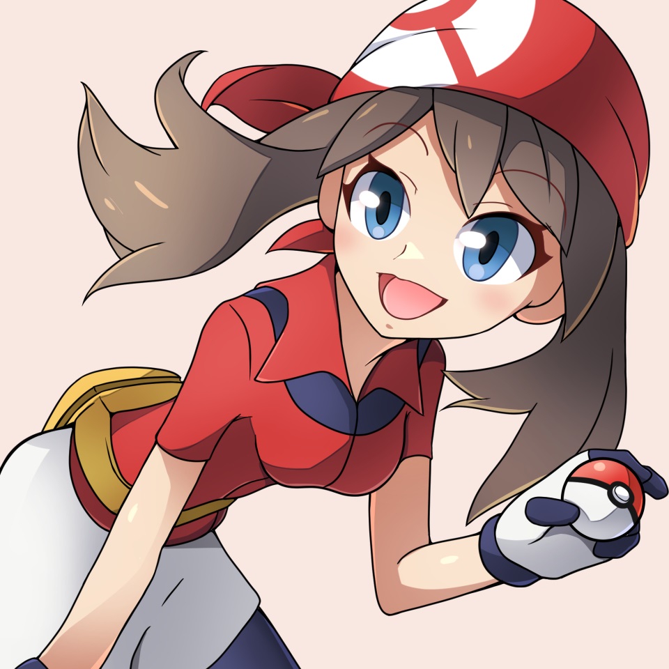 1girl, :d, bandana, blue_eyes, brown_hair, fanny_pack, gloves, holding, holding_poke_ball, looking_at_viewer, may_(pokemon), open_mouth, poke_ball, poke_ball_(basic), pokemon, pokemon_(anime), pokemon_rse_(anime), red_bandana, red_shirt, roy_payne, shirt, short_sleeves, shorts, smile, solo, white_background