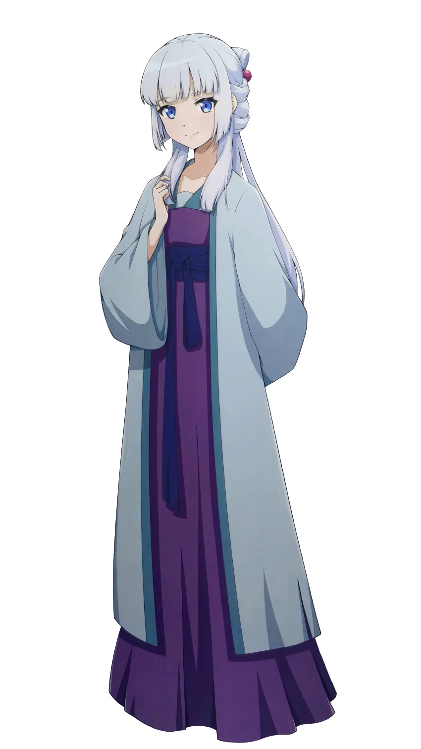 1girl, absurdres, bai_yuxiu, blue_eyes, chinese_clothes, closed_mouth, dress, duijin_ruqun, fengling_yuxiu, full_body, grey_hair, hair_ornament, hanfu, hangbian_sanshili, highres, long_hair, long_sleeves, looking_at_viewer, purple_dress, simple_background, smile, solo, standing, white_background