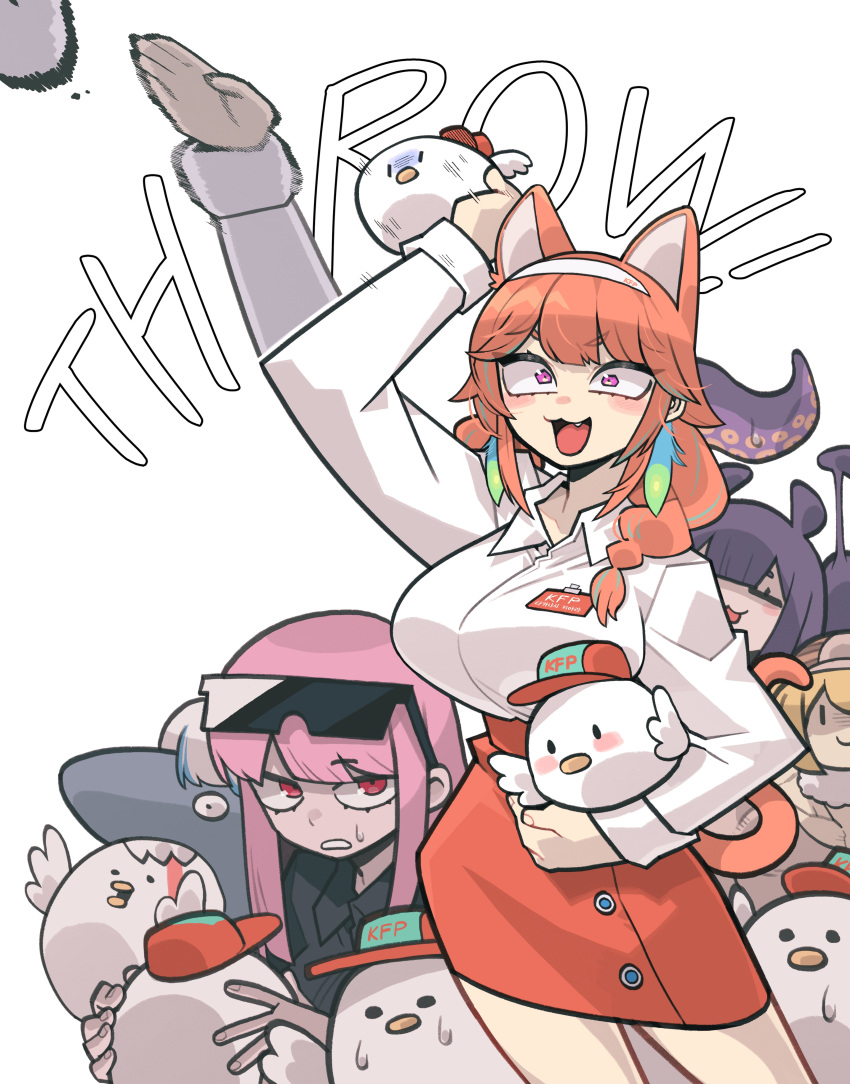 5girls, :3, :d, absurdres, alternate_costume, animal_ears, biting, blonde_hair