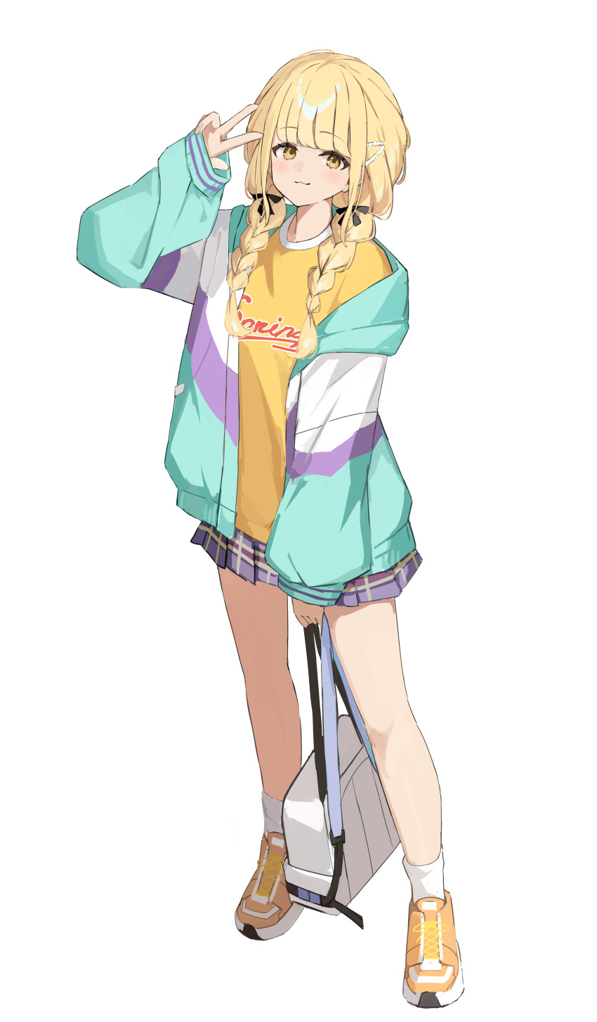 1girl, absurdres, bag, bare_legs, blonde_hair, blue_skirt, blush, braid