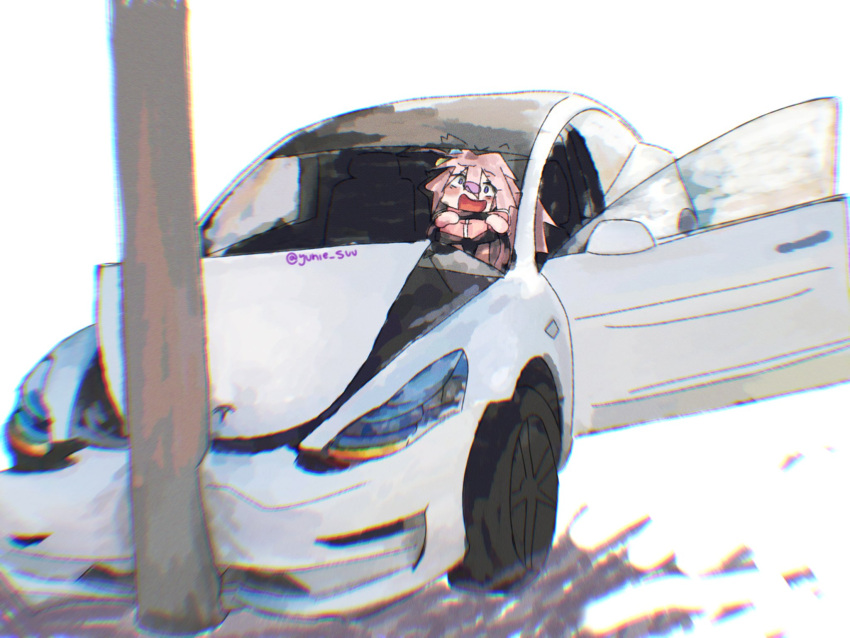 1girl, blue_eyes, bocchi_the_rock!, car, car_crash, commentary, cube_hair_ornament, driving