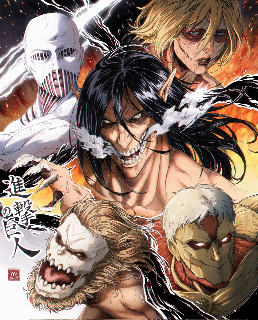 2girls, 3boys, armored_titan, black_background, claws, collarbone, electricity, female_titan