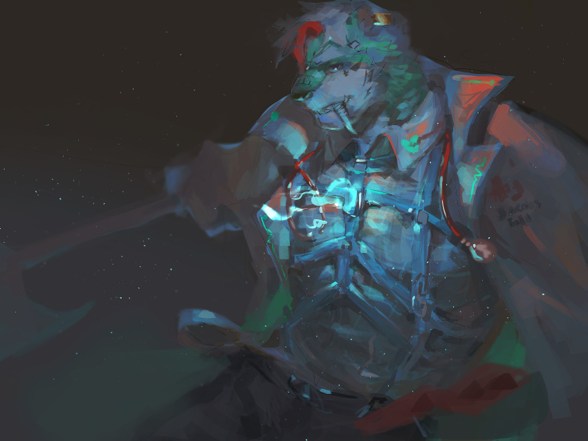 absurdres, blue_shirt, dark_background, doctor, glowing, harness, highres, holding