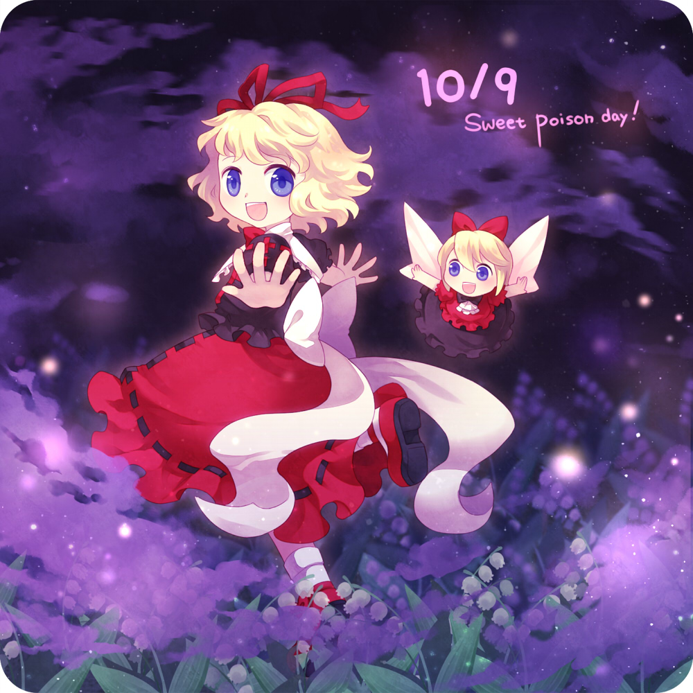 1girl, blonde_hair, blue_eyes, bow, bubble_skirt, dress, flower, hair_bow