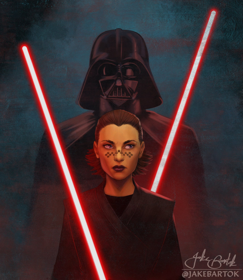 1boy, 1girl, alien, artist_name, barriss_offee, black_cape, black_helmet, black_tunic