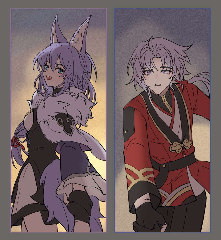 1boy, 1girl, absurdres, animal_ears, atang_biancheng_xiaohaimole, baiheng_(honkai:_star_rail), black_gloves, blue_eyes, braid, breasts, capelet, chinese_clothes, dress, duijin_ruqun, fang, fingerless_gloves, fox_ears, fox_girl, fox_tail, fur_trim, gloves, hair_ribbon, hanfu, highres, honkai:_star_rail, honkai_(series), jiaoling_ruqun, long_hair, long_sleeves, looking_at_viewer, low_ponytail, male_focus, open_mouth, pants, parted_bangs, parted_lips, ponytail, purple_hair, red_ribbon, ribbon, smile, tail, violet_eyes, yingxing_(honkai:_star_rail)