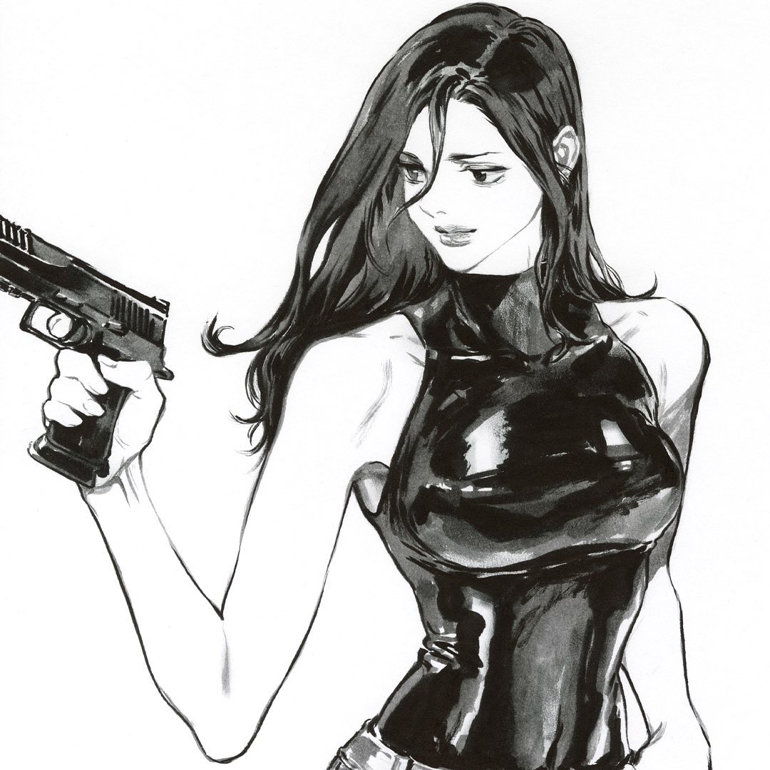 1girl, bare_shoulders, breasts, commentary, finger_on_trigger, greyscale, gun, handgun