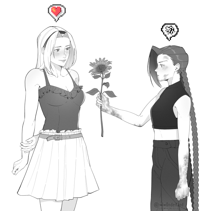 absurdres, alternate_costume, belt, blush, braid, dirty, dirty_face, dirty_hands, flower, frills, heart, highres, holding, holding_flower, jinx_(league_of_legends), league_of_legends, lux_(league_of_legends), midriff, monochrome, simple_background, spoken_heart, twin_braids, white_background, wlw0nderland, yuri