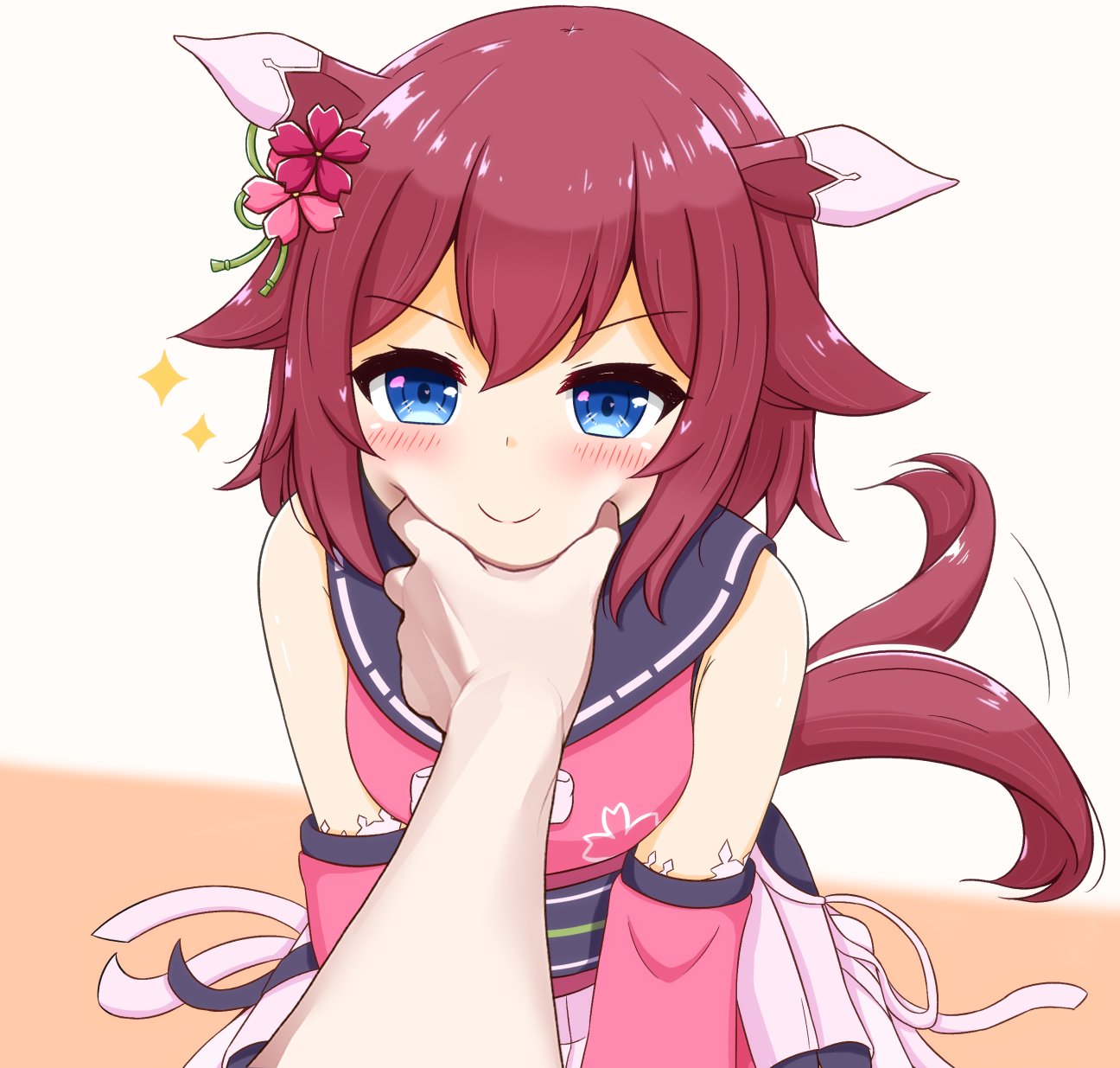 1girl, animal_ears, azuma_satsuki, blue_eyes, blush, commentary_request, detached_sleeves, flower