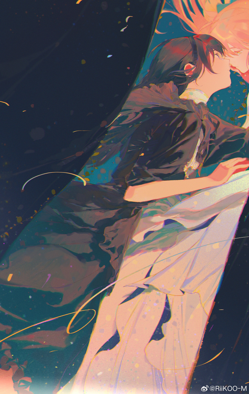 2girls, absurdres, akemi_homura, artist_name, black_curtains, black_dress, black_hair, closed_mouth