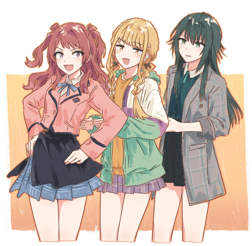 3girls, :d, antenna_hair, black_ribbon, black_skirt, blonde_hair, blue_ribbon, blue_skirt