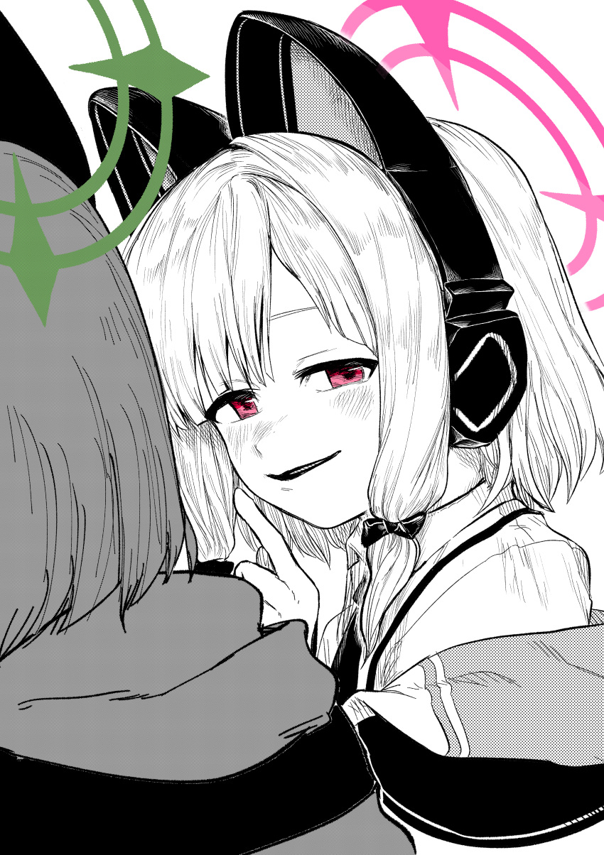 2girls, absurdres, animal_ear_headphones, animal_ears, blue_archive, blush, collared_shirt, commentary_request