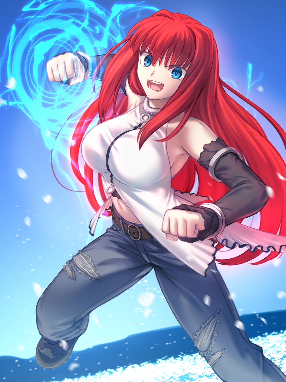 1girl, aozaki_aoko, bare_shoulders, belt, blue_eyes, blush, breasts, denim
