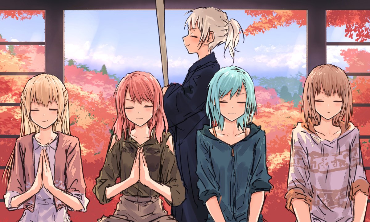 5girls, bad_id, bad_twitter_id, bang_dream!, black_kimono, blonde_hair, blue_hair, blue_jacket