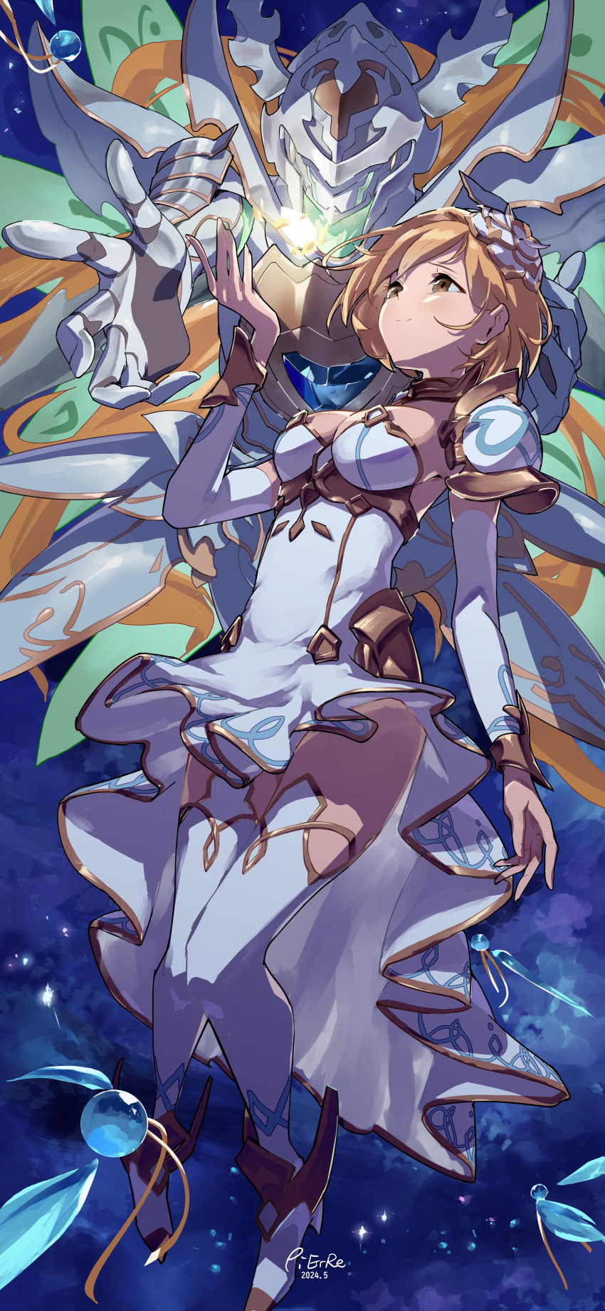 absurdres, armor, djeeta_(granblue_fantasy), dress, flower, glorybringer_(granblue_fantasy), granblue_fantasy, helmet, highres, incredibly_absurdres, luminiera, luminiera_(granblue_fantasy), pierre, rose, shoulder_armor, strapless, strapless_dress, white_armor, white_dress, white_flower, white_rose, wings