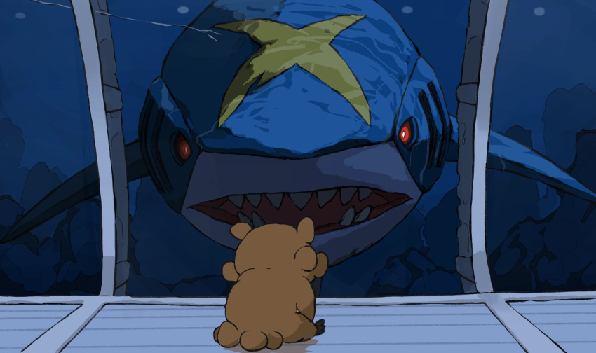 aomon_(yuuji7604), bidoof, highres, ocean, open_mouth, parody, pokemon, pokemon_(creature), poster_parody, red_eyes, shark, sharp_teeth, sharpedo, sitting, teeth, the_meg, water, window