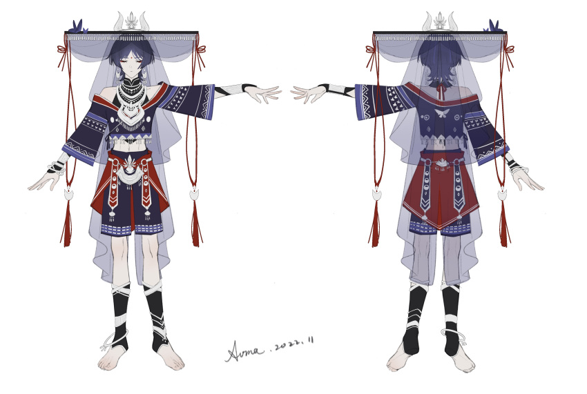 1boy, absurdres, alternate_costume, aoma_(xuanzexuexi), artist_name, barefoot, changmingsuo, full_body