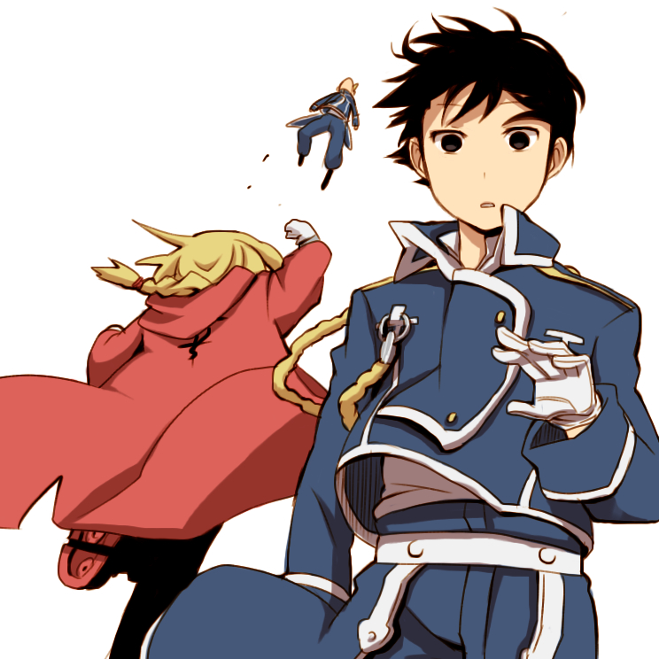 bad_id, black_eyes, black_hair, blonde_hair, braid, edward_elric, fullmetal_alchemist, gloves, jean_havoc, military, military_uniform, open_mouth, ponytail, punching, rarirureronn, roy_mustang, ru_(xremotex), surprised, uniform, white_gloves