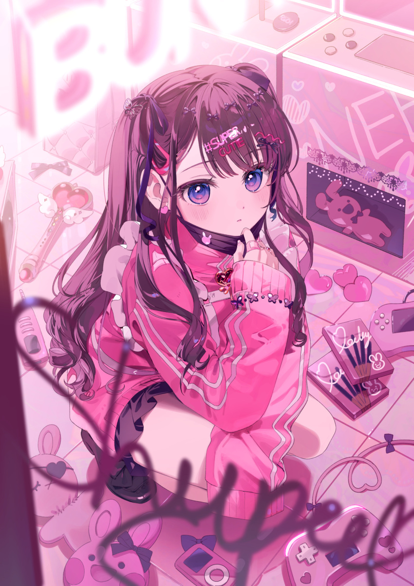 1girl, a20_(atsumaru), apron, bandaid, black_footwear, black_skirt, brown_hair, butterfly_hair_ornament, commentary, controller, crane_game, digital_media_player, earrings, food, game_controller, hair_ornament, hair_ribbon, hairclip, heart, heart_earrings, highres, jacket, jersey_maid, jewelry, long_hair, maid, maid_apron, mask, mask_pull, mouth_mask, original, pin, pink_jacket, pink_stuffed_animal, pocky, rabbit_pin, revision, ribbon, ring, skirt, solo, squatting, stuffed_toy, track_jacket, unconventional_maid, violet_eyes