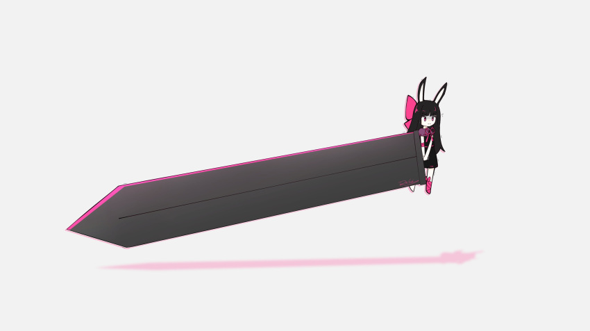 1girl, absurdres, animal_ears, black_dress, black_hair, bow, chibi, commentary, dress, english_commentary, full_body, hair_bow, heavyblade_rabbit, highres, holding, holding_weapon, huge_weapon, long_hair, pink_bow, rabbit_and_steel, rabbit_ears, rei_(reileky), signature, simple_background, solo, sword, too_literal, weapon, white_background