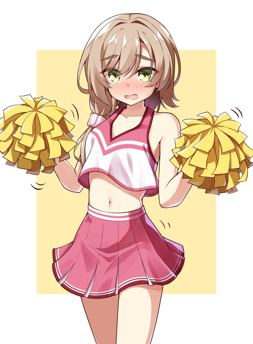 1girl, alternate_costume, bare_shoulders, blush, brown_hair, cheerleader, collarbone, colored_eyelashes