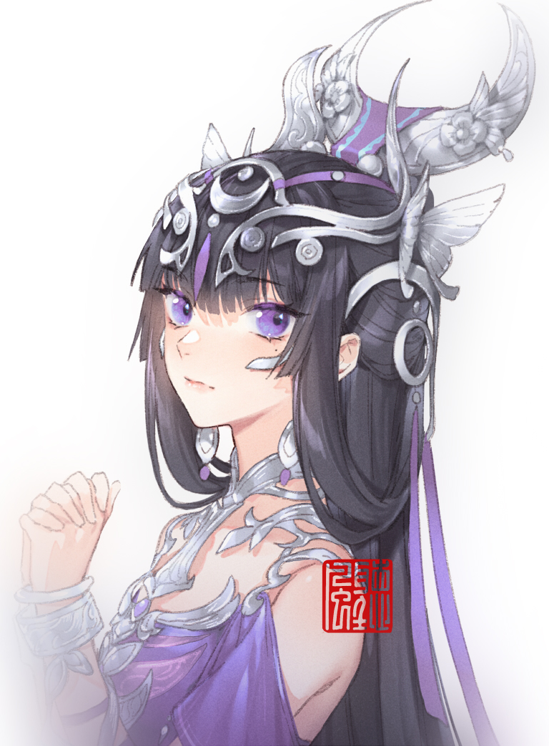 1girl, black_hair, dress, from_side, hair_ornament, hmong, jewelry, jianxia_qingyuan_(series)