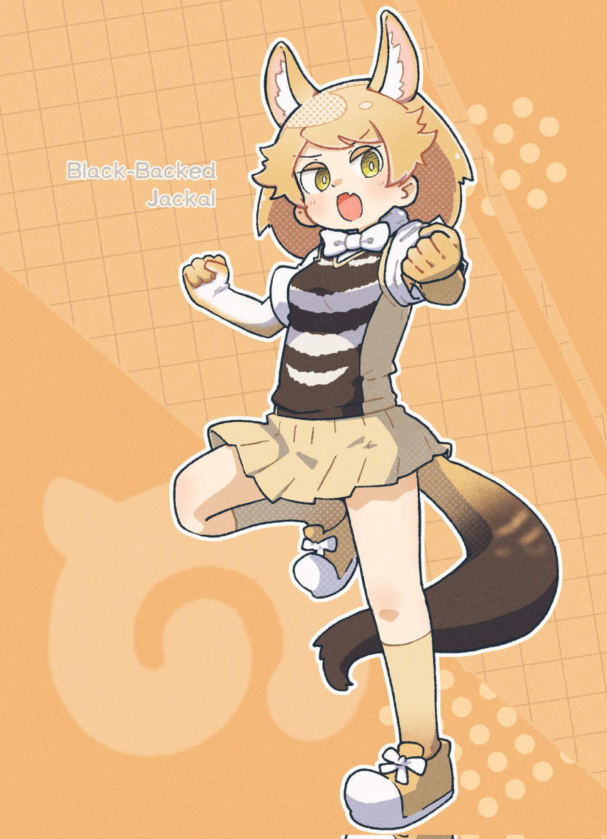 1girl, animal_ears, black-backed_jackal_(kemono_friends), blonde_hair, bow, bowtie, elbow_gloves, extra_ears