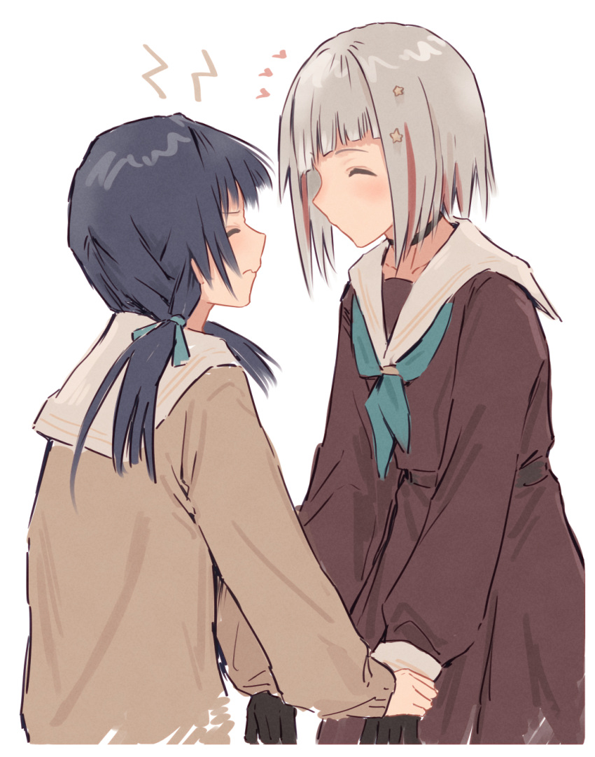 2girls, ^_^, aqua_neckerchief, aqua_ribbon, bad_id, bad_twitter_id, black_choker, black_gloves, blue_hair, bob_cut, border, brown_cardigan, brown_dress, bullfalk, cardigan, choker, closed_eyes, closed_mouth, dark_blue_hair, diagonal_bangs, dollchestra, dress, face-to-face, gloves, grey_hair, hair_ornament, hair_ribbon, hand_grab, hasu_no_sora_school_uniform, heart, highres, inverted_bob, link!_like!_love_live!, long_hair, long_sleeves, love_live!, low_twintails, multicolored_hair, multiple_girls, murano_sayaka, neckerchief, no_mouth, redhead, ribbon, sailor_collar, sailor_dress, school_uniform, short_hair, shout_lines, simple_background, star_(symbol), star_hair_ornament, streaked_hair, twintails, virtual_youtuber, wavy_mouth, white_background, white_border, white_sailor_collar, winter_uniform, yugiri_tsuzuri, yuri