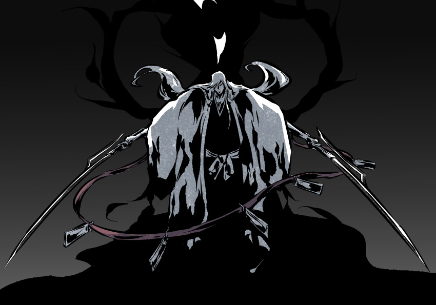 1boy, absurdres, black_background, black_kimono, bleach, bleach:_sennen_kessen-hen, commentary, dual_wielding