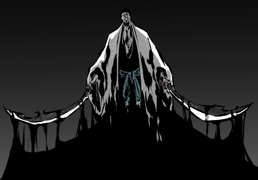 1boy, absurdres, black_background, black_hair, black_kimono, bleach, chest_hair, commentary
