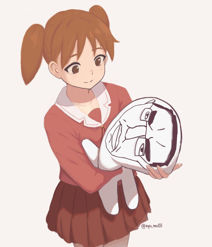 1girl, ayu_mu00, azumanga_daioh, azumanga_daioh's_school_uniform, blush_stickers, brown_eyes, brown_hair, chudjak, closed_mouth, commentary, cowboy_shot, english_commentary, grey_background, highres, holding, holding_stuffed_toy, long_sleeves, meme, mihama_chiyo, miniskirt, original, pink_serafuku, pink_shirt, pink_skirt, pleated_skirt, school_uniform, serafuku, shirt, short_twintails, simple_background, skirt, smile, solo, standing, stuffed_toy, twintails, twitter_username, winter_uniform