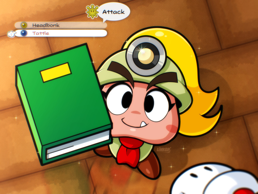 1girl, artist_name, ascot, blonde_hair, blush_stickers, book, english_text, fang