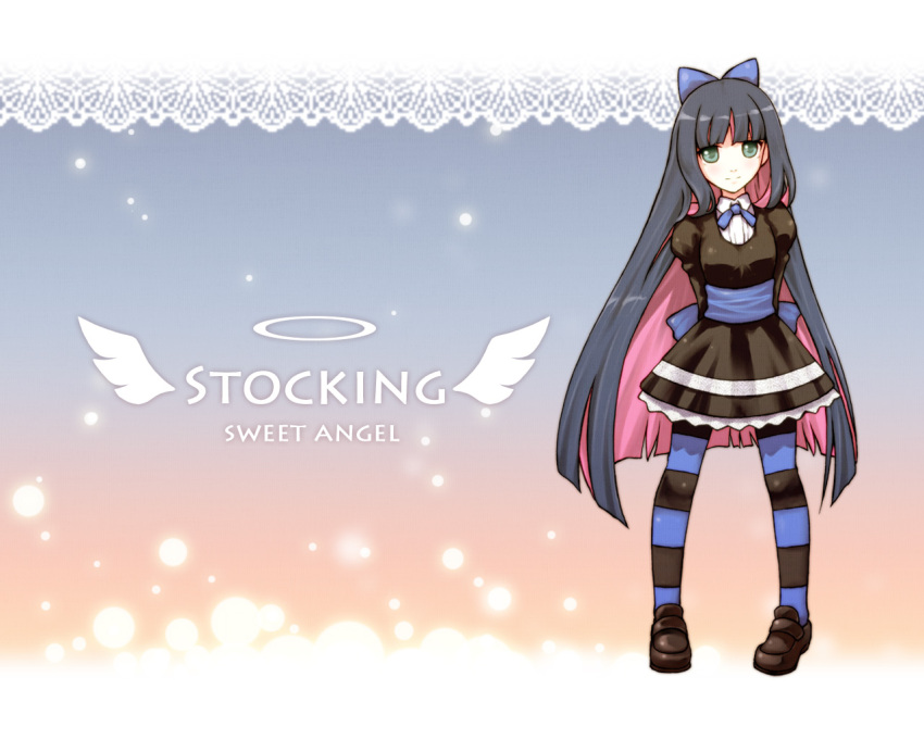 acea4, arms_behind_back, bow, green_eyes, hair_bow, long_hair, looking_at_viewer, multicolored_hair