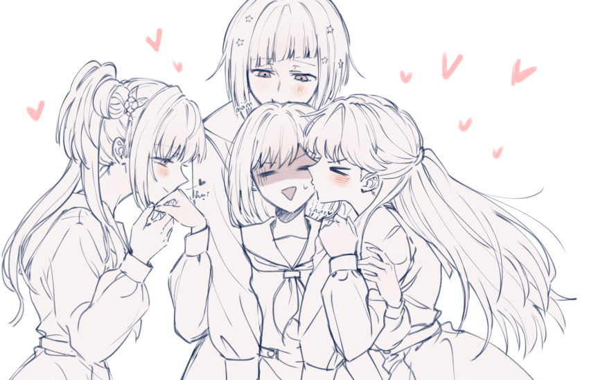 >_<, 4girls, =_=, biting, blush, bob_cut, closed_eyes, closed_mouth