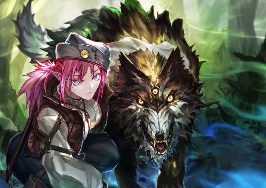 1girl, absurdres, breasts, closed_mouth, earrings, extra_ears, fangs, fantasy, grey_eyes, grey_hat, hand_on_animal, hat, highres, jacket, jewelry, kuro_dora, long_sleeves, looking_at_viewer, necklace, original, pants, pink_hair, pointy_ears, ponytail, pouch, shirt, sidelocks, signature, solo, squatting, teeth, thigh_pouch, tooth_necklace, underwear, wolf