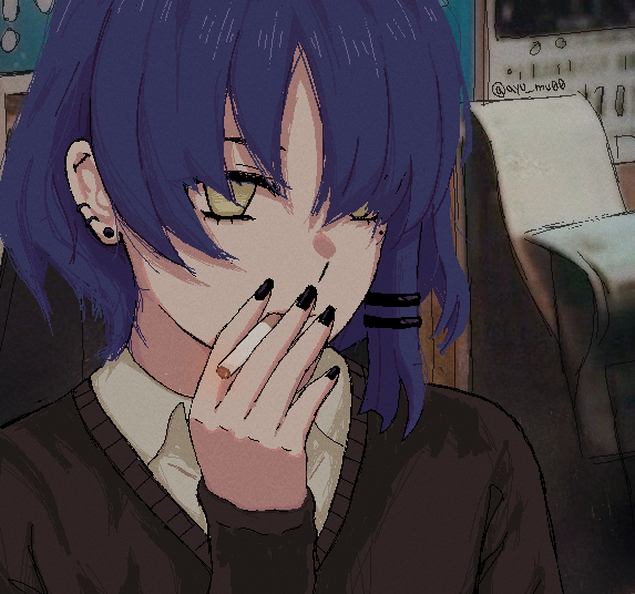 1girl, ayu_mu00, between_fingers, black_nails, black_sweater, blue_hair, bocchi_the_rock!, cigarette