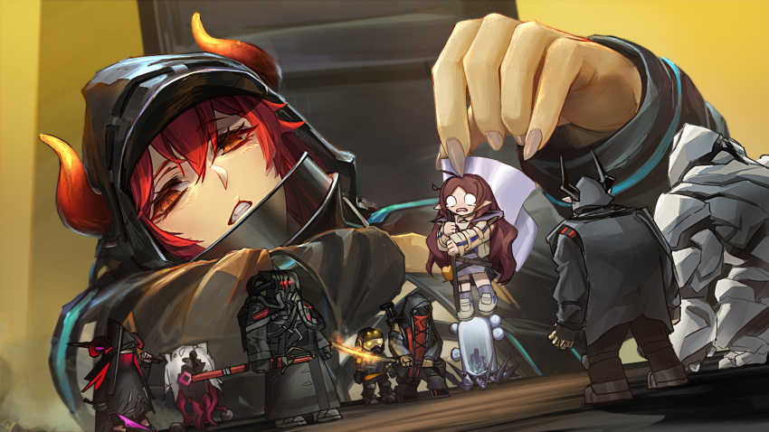 2girls, arknights, black_coat, clenched_teeth, coat, cosplay, doctor_(arknights), doctor_(arknights)_(cosplay)