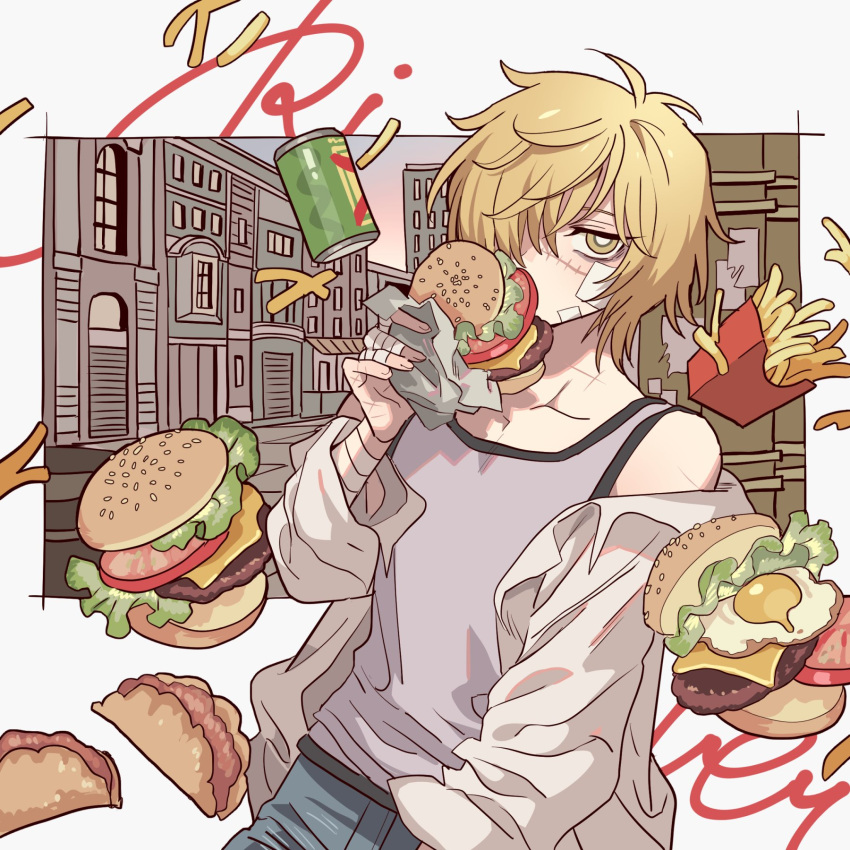 1boy, bad_id, bad_pixiv_id, bandaged_arm, bandages, blonde_hair, blue_pants, building