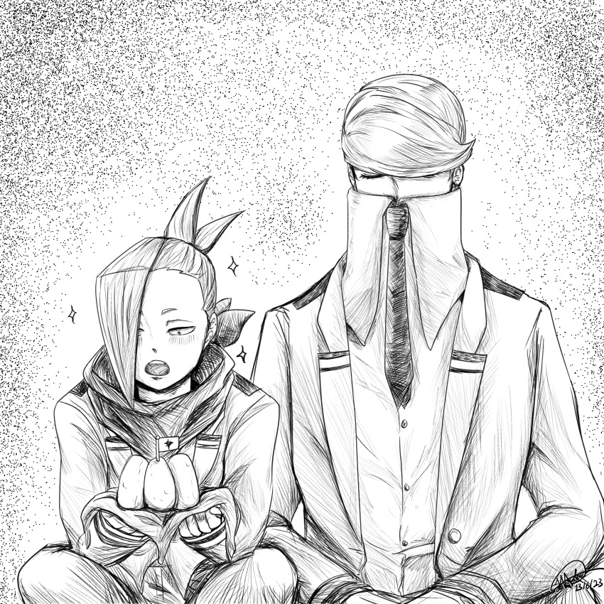 2boys, :o, best_jeanist, boku_no_hero_academia, dated, edgeshot, food, greyscale