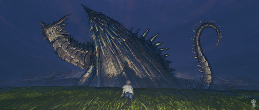 1boy, animal_focus, blue_pants, blue_sky, clouds, dragon, facing_away, fantasy