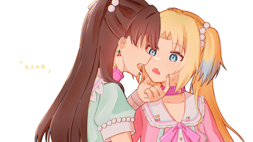 2girls, amane61115, blonde_hair, blue_eyes, blue_hair, brown_hair, cherry_earrings, choker