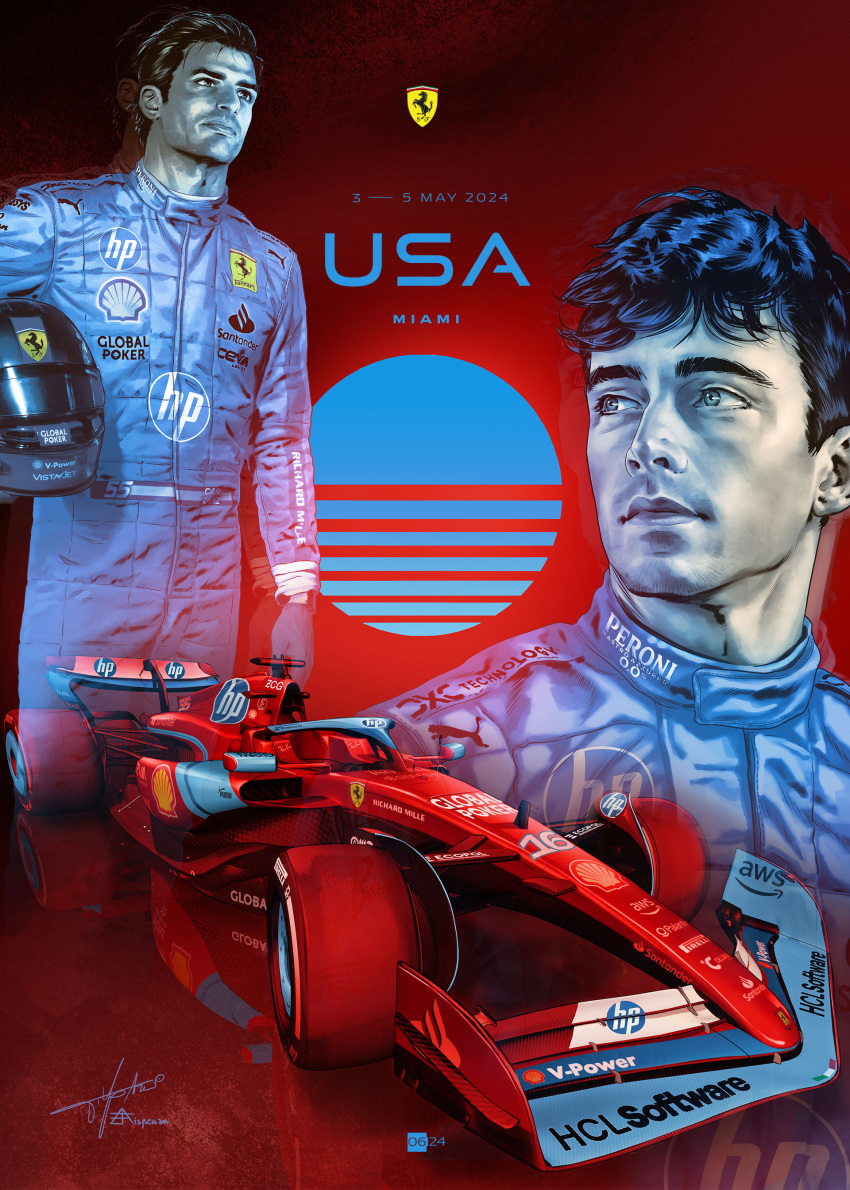 2boys, absurdres, black_hair, blue_eyes, blue_jumpsuit, car, carlos_sainz, charles_leclerc